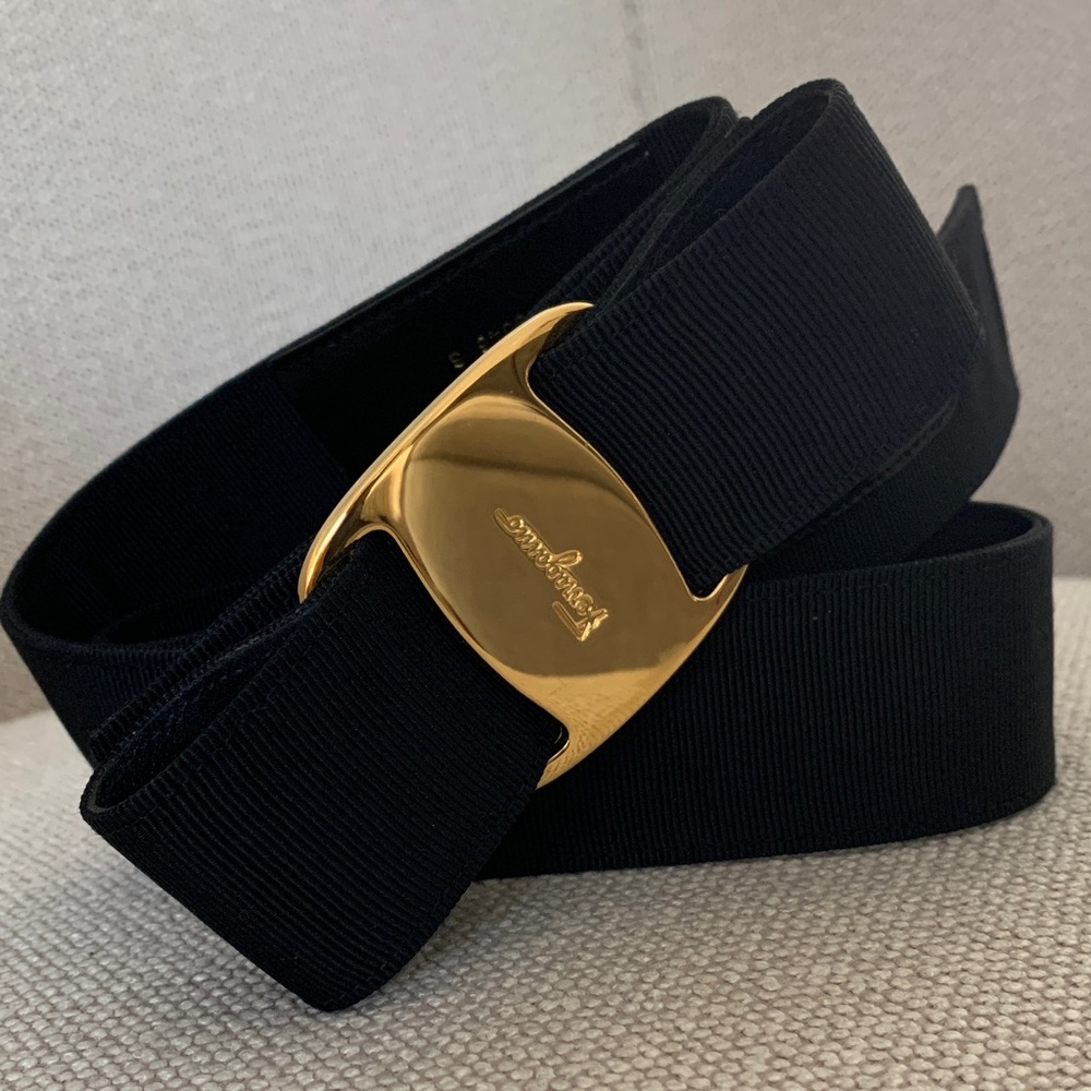 SALVATORE Ferragamo Black Belt with Gold Buckle